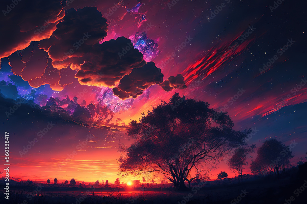 magical sunset sky, anime landscape, art illustration 