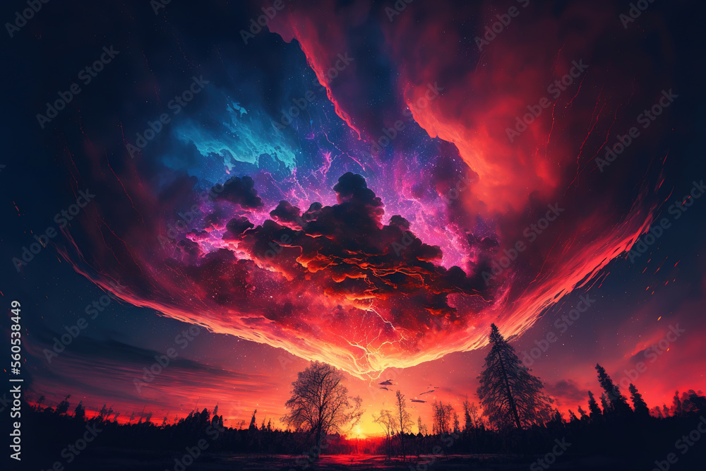 magical sunset sky, anime landscape, art illustration 