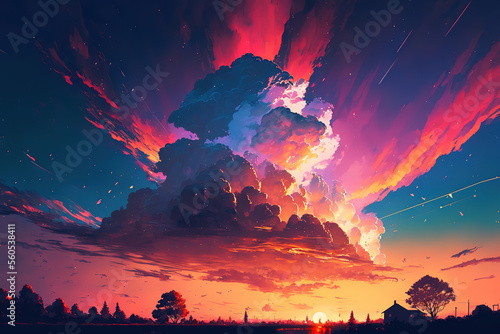 magical sunset sky, anime landscape, art illustration 