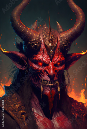 the archfiend demon of greed, red skin, large horns, fire eyes, art illustration 