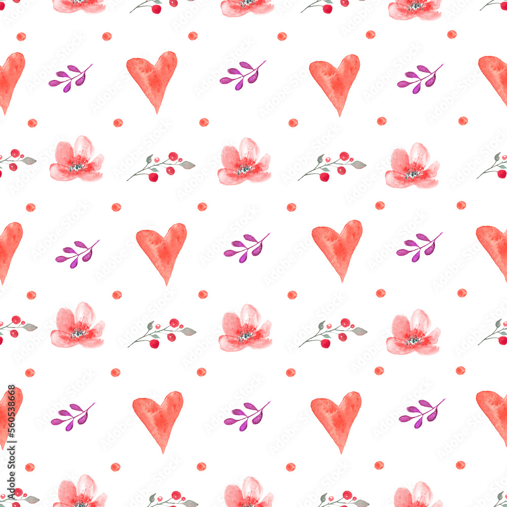 Watercolor seamless pattern with abstract red hearts, flowers, branches, berries. Hand drawn illustration isolated For packaging, wrapping design or print. Suitable for design on Valentine's day