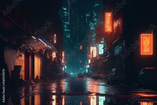 Cyberpunk inspired photorealistic artwork of a futuristic city. neon lit street that is deserted. Stunning nighttime cityscape. urban environment in grunge. Generative AI