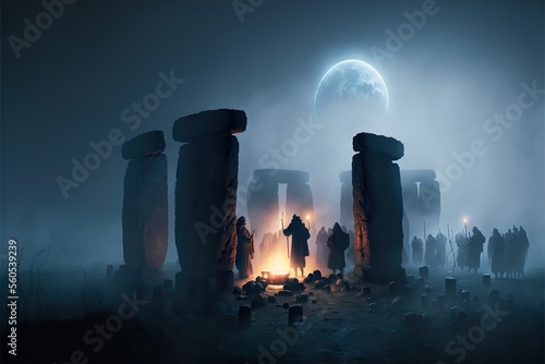 People in stonehenge at moonlight ritual, mystic history, generative ai