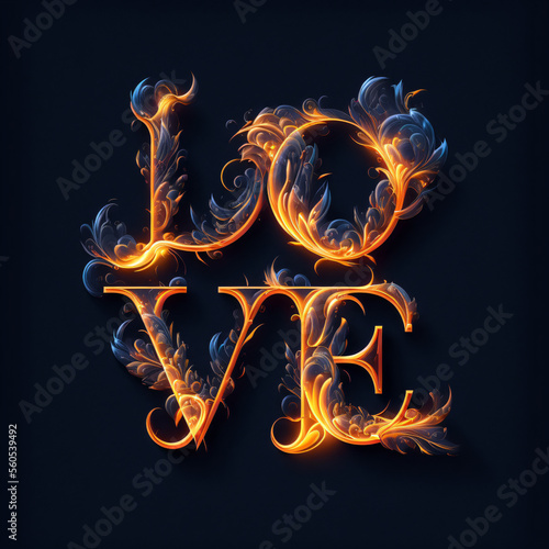 Love Written On Two Lines With Flames Around The Letters On A Dark Background. Made With Generative AI.