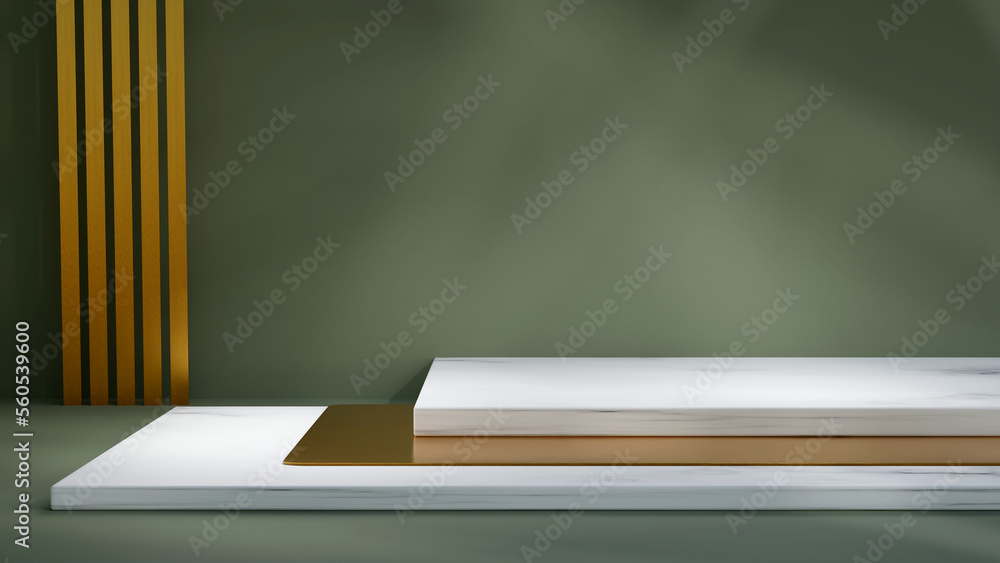 3d render scene with stairs showcase for luxury jewelry or beauty products. Olive green background, gold floor and marble podium for cosmetic. Summer light and shadows 3d render scene with stairs showcase for luxury jewelry or beauty products. Olive green background, gold floor and marble podium for cosmetic. Summer light and shadows