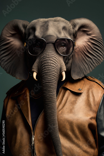 Ein cooler Elefant mit Lederjacke und Sonnenbrille zeigt Attitude und Style in einem Portrait - Generative Ai © Sarah