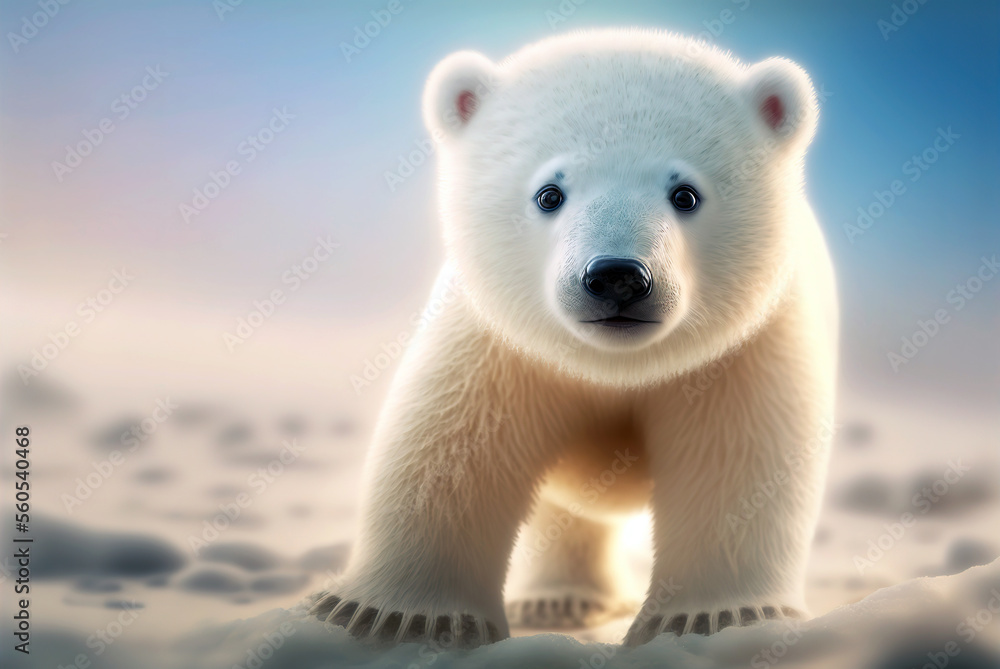 baby polar bear on blured snow background. Generative ai baby polar bear on blured snow background. Generative ai