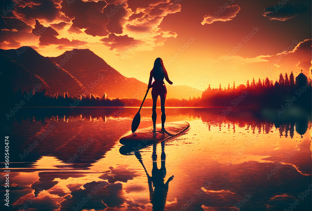 silhouette of woman paddling on a SUP boards on the river at sunset. Stand up paddle boarding. Rear view. Backlight..