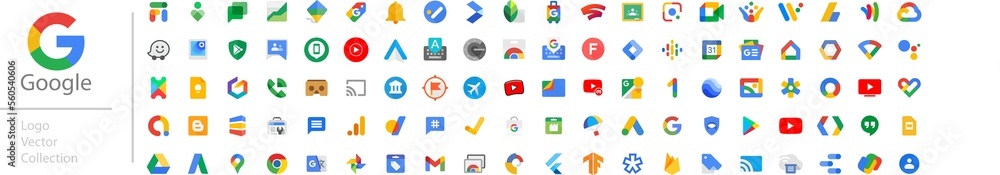Google LLC. Official logotypes of Google Apps. Youtube Apps. Google Fi ...