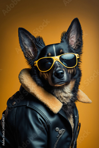 Ein cooler Hund mit Lederjacke und Sonnenbrille zeigt Attitude und Style in einem Portrait © Sarah