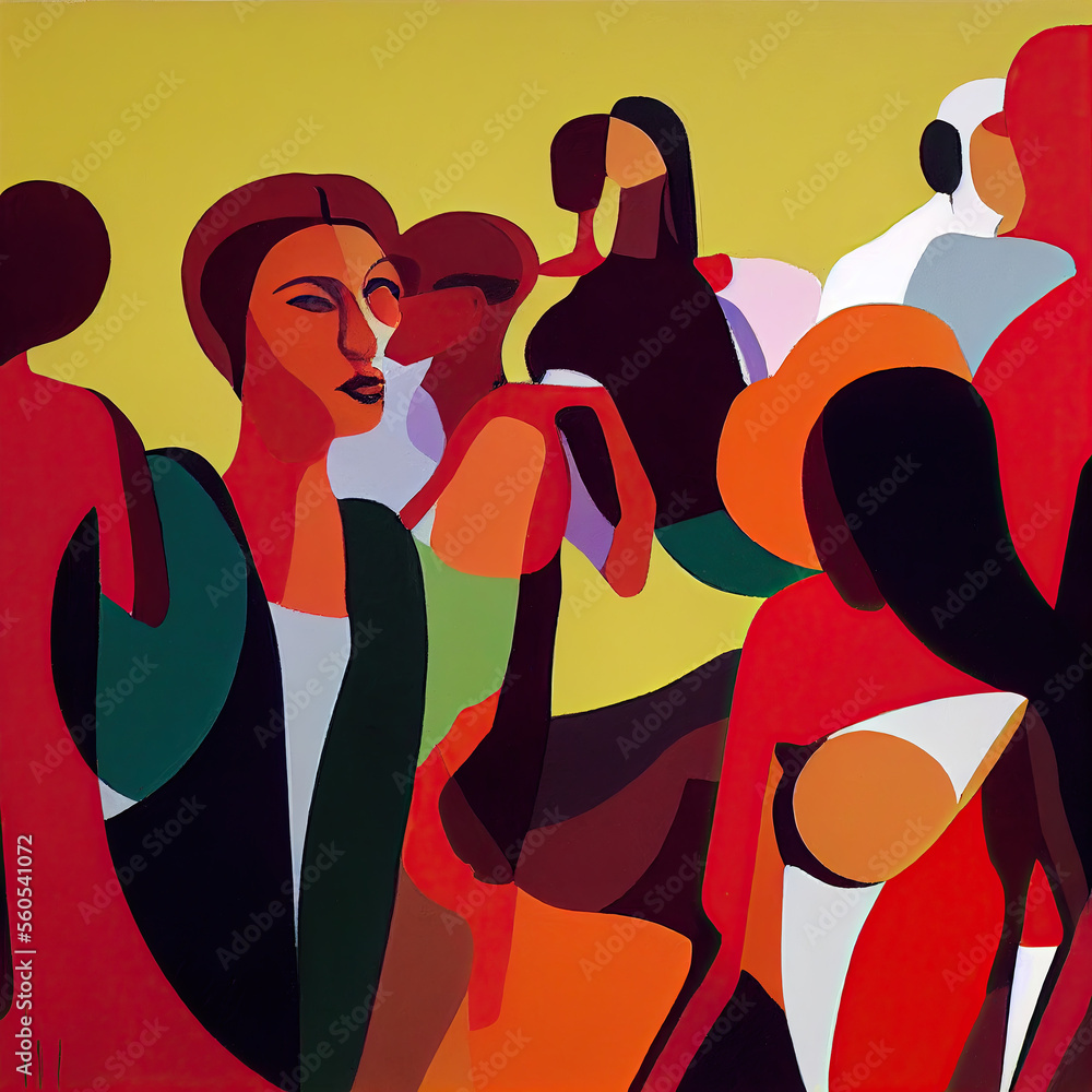 Modern people at a party. Figures / people painted using simple shapes, gouache paint on canvas, Generative ai.