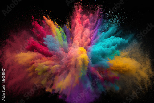 a dark background with an abstract eruption of colourful dust. Multicolored glitter texture, an abstract powder splattered background, and a freeze frame of color powder erupting or being thrown