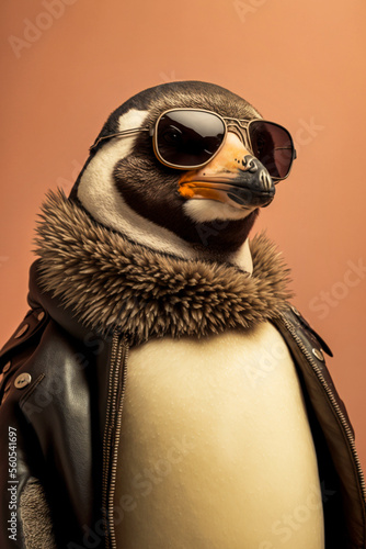 Eine cooler Pinguin mit Lederjacke und Sonnenbrille zeigt Attitude und Style in einem Portrait - Generative Ai
 photo