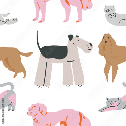 Semlles pattern. Cartoon dogs  and cats characters design collection with flat color in different poses. Vector illustration 