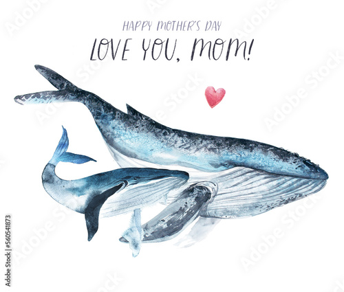 Happy Mother's day. Watercolor cute whale mom with baby. Hand painting postcard with whale isolated white background. Ocean animals. 