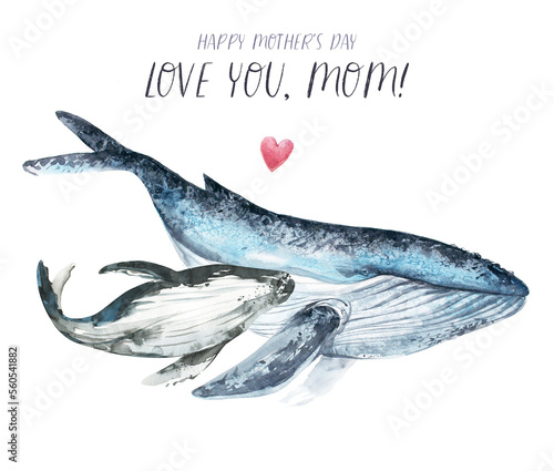 Happy Mother's day. Watercolor cute whale mom with baby. Hand painting postcard with whale isolated white background. Ocean animals. 
