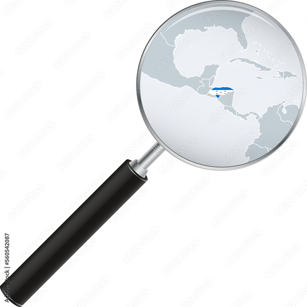 Honduras map with flag in magnifying glass.
