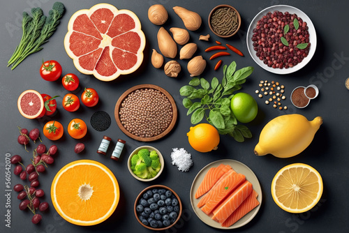 Healthy food selection on gray background. Detox and clean diet concept. Foods high in vitamins  minerals and antioxidants. Anti age foods. Top view. Generative AI