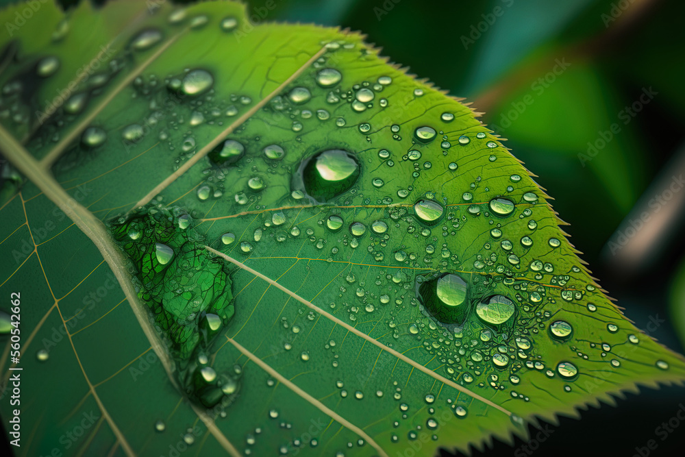 Detail shot of water drops on a green leaf. Macro photography of raindrops in nature. Generative AI Detail shot of water drops on a green leaf. Macro photography of raindrops in nature. Generative AI
