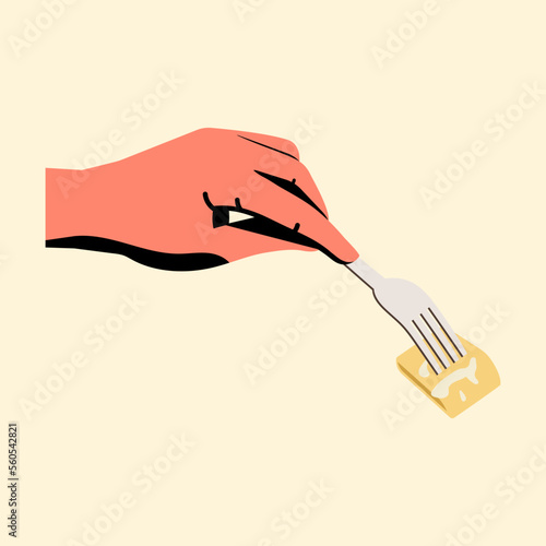 human hand holding piece of sweet Roti, vector flat illustration