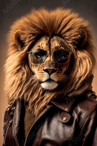 Ein cooler Löwe mit Lederjacke und Sonnenbrille zeigt Attitude und Style in einem Portrait - Generative Ai