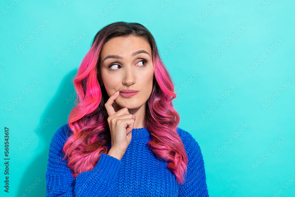 Photo of young attractive pink wavy hairstyle cute woman finger lip deep think new insurance company look mockup isolated on cyan color background Photo of young attractive pink wavy hairstyle cute woman finger lip deep think new insurance company look mockup isolated on cyan color background
