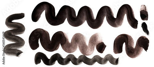 Set de manchas de acuarela en tonos oscuros con textura de papel. Manchas reales realizadas con trazos de pincel, trazos reales hechos a mano con formas en zigzag