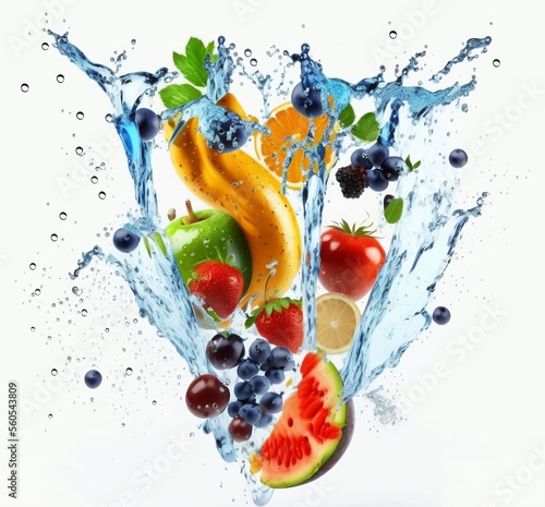 Fruits and vegetables splashing into blue clear water