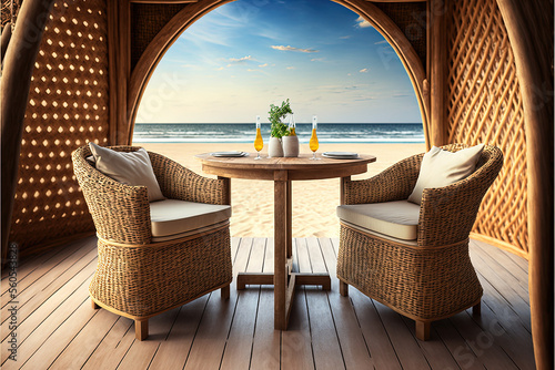 Rattan table for outdoor area on the beach club platform