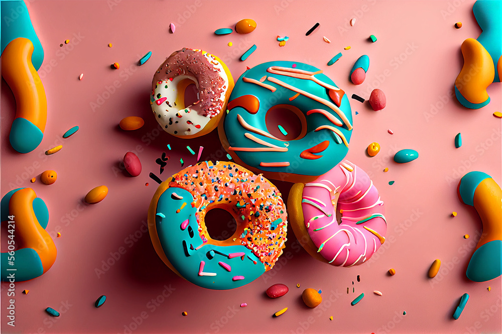 A bunch of delicious donuts falling down with sprinkles on an abstract pink background