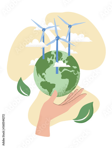Vector illustration of human hand holding Earth globe, Wind power plant. Concept of World Environment Day, Save the Earth, sustainability, renewable wind energy source.