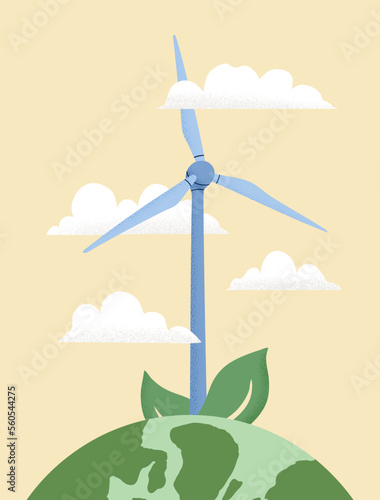 Vector illustration of Earth globe, Wind power plant. Concept of World Environment Day, Save the Earth, sustainability, renewable wind energy source.