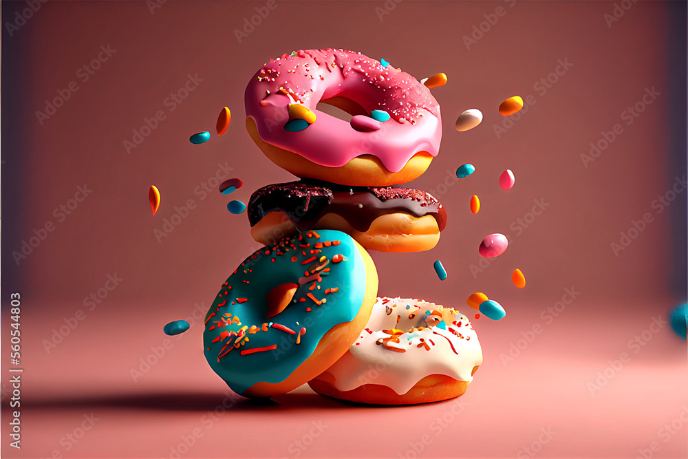 A stack of delicious donuts falling down with sprinkles on a dark pink background