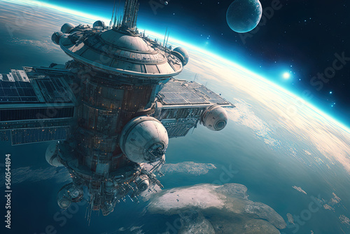 Overlooking a stunning view of space is a space station. digital representation. Generative AI