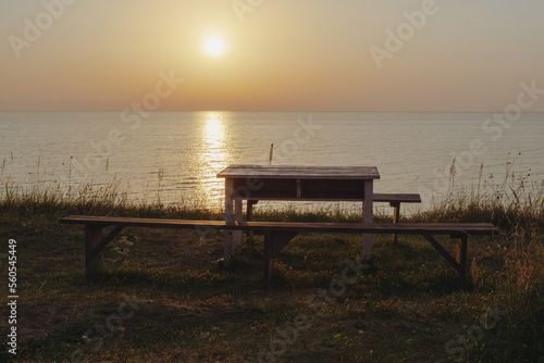 bench on the beach sunset