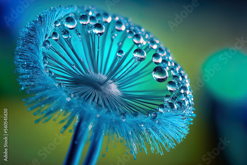 Nature's lovely water drop on a dandelion blossom seed macro. Beautiful background with a strong saturation of blue and turquoise, with room for text. Vibrantly colored creative image form. Generative