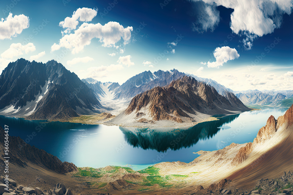 Large panorama of an Altai mountain range with a lake in the background. Generative AI