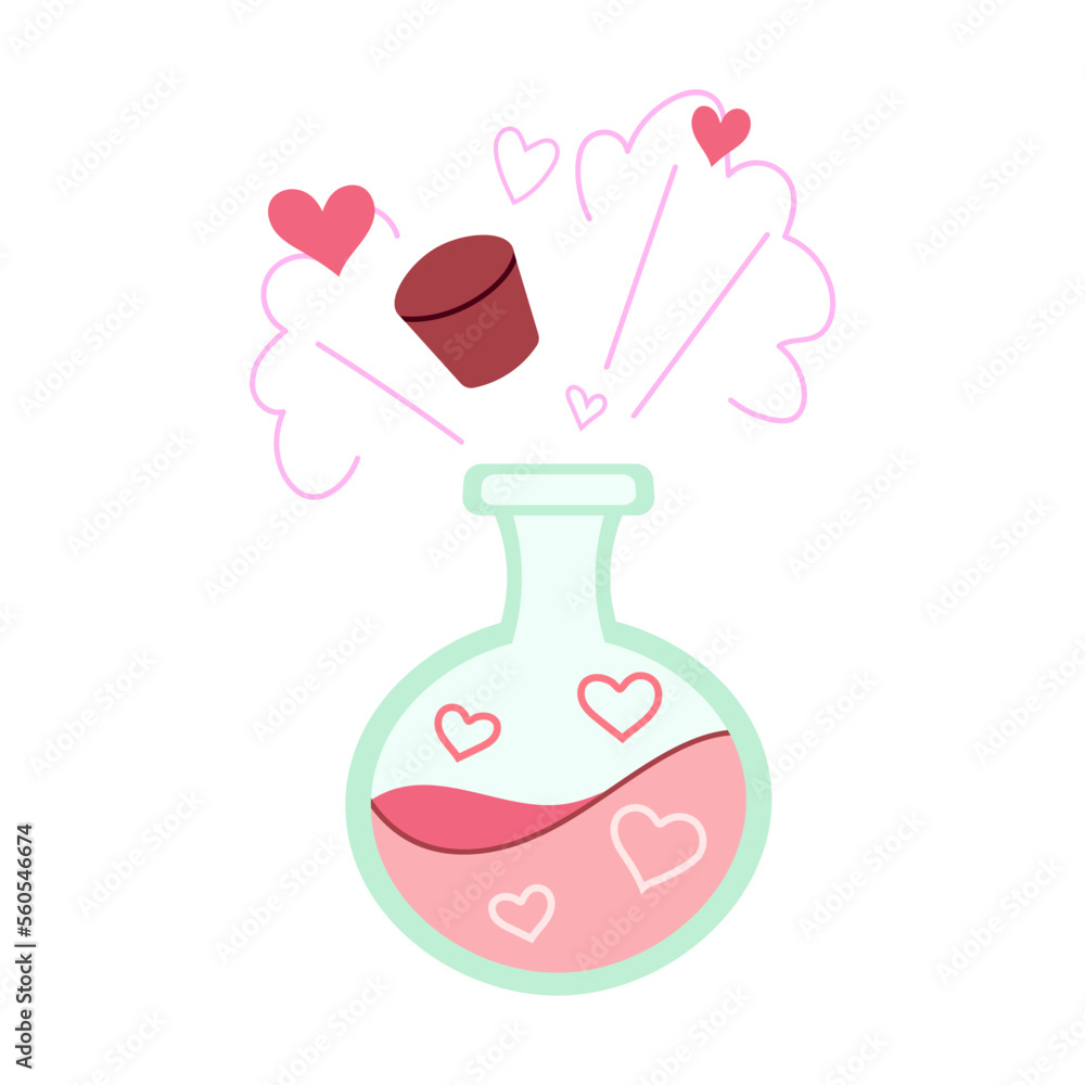 Hand drawn magic love potion bottle with hearts. Doodle in cartoon style. Valentines day. Vector illustration for design isolated on white background. Hand drawn magic love potion bottle with hearts. Doodle in cartoon style. Valentines day. Vector illustration for design isolated on white background.