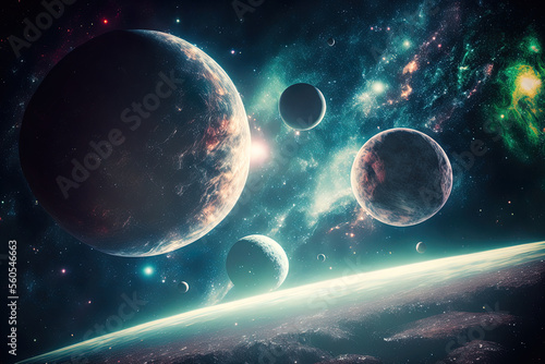 Universe scene with planets, stars and galaxies in outer space showing the beauty of space exploration. Generative AI