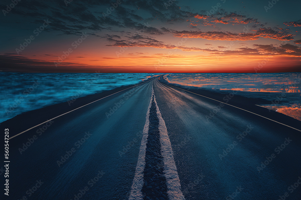 sunset scene of empty asphalt highway and blue ocean. Generative AI