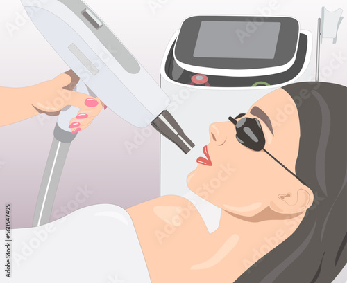 Illustration.Removal of permanent makeup on the lips of a woman.Carbon face peeling in a beauty salon. Hardware cosmetology treatment.