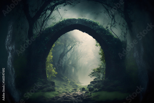 Spectacular archway covered with vine in the middle of fantasy fairy tale forest landscape  misty on spring time. Digital art 3D illustration.