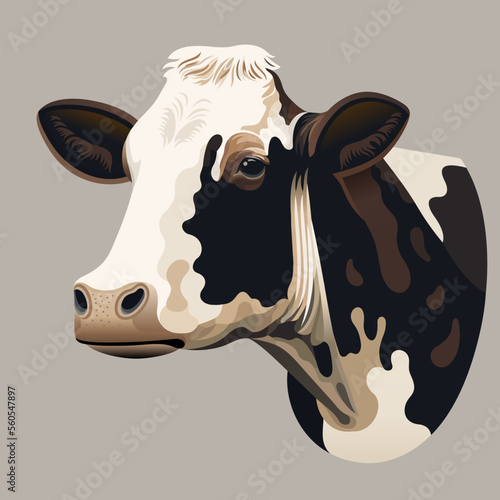 Dairy cow head. Realistic color vector digital illustration for design poster, print, web, packaging. Farm animal. Design element for logo, label, emblem, sign.