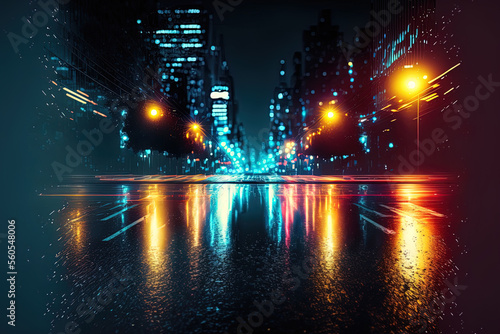background with hazy lighting. Wet pavement, a cityscape at night, and neon reflections on the concrete floor. empty studio and stage at night. Dark roadway, dark abstract background. evening city