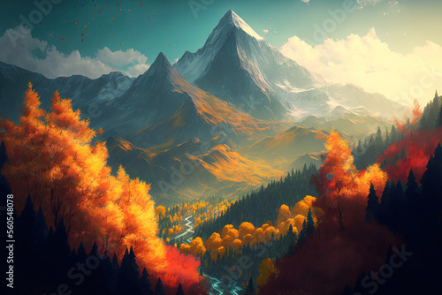 mountain autumn scenery with a vibrant forest. Generative AI