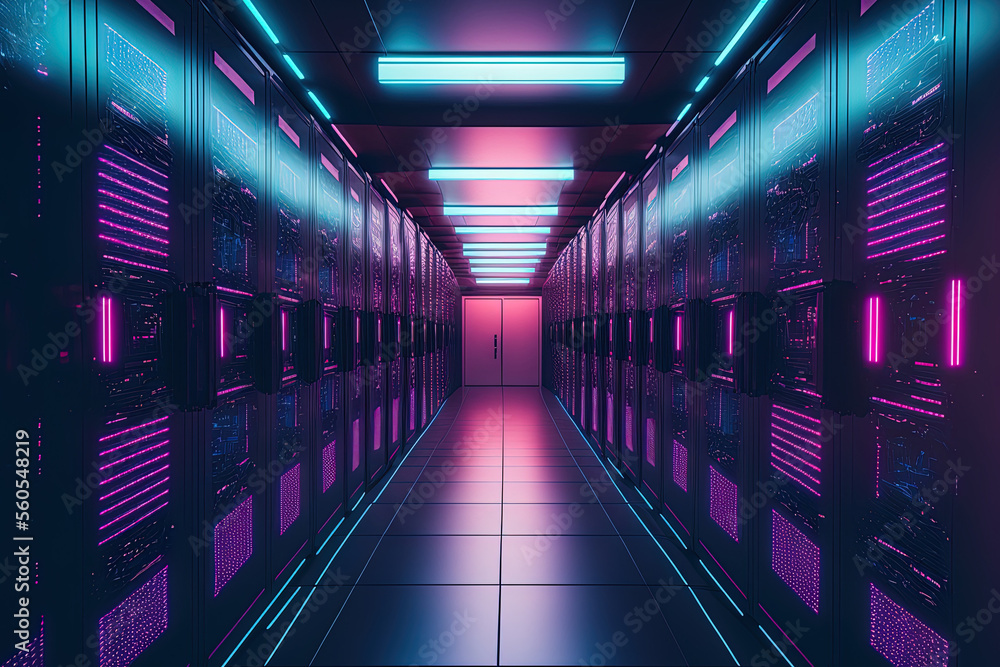 Picture of a data center with many rows of active server racks. Concept of Supercomputer Technology, Artificial Intelligence, and Modern Telecommunications Darkly lit with neon blue and pink lights - obrazy, fototapety, plakaty 