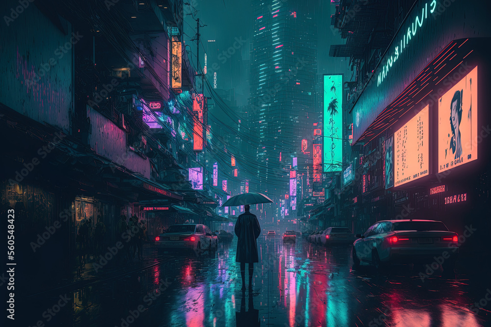 Obraz premium Asian, futuristic cyberpunk metropolis in Japan. gloomy, rainy day with tall buildings. a dystopian future with lighting and neon signs. technologically sophisticated metropolis. Blade runner impressi
