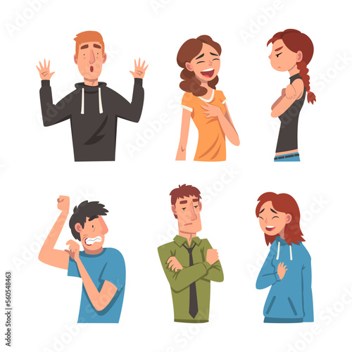 Funny emotional people set. Frightened, sceptic, joyful, surprised, men and women cartoon vector illustration