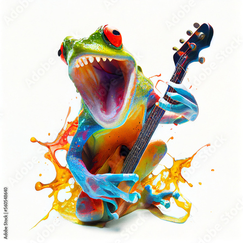 Isolated singing frog with guitar. Generative AI.