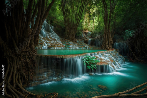 Thailand's breathtakingly beautiful deep forest waterfall. Generative AI